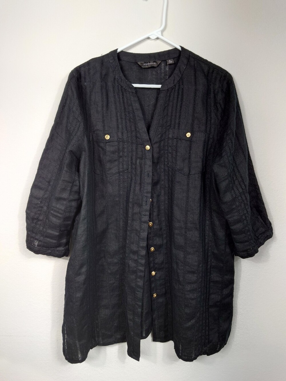 Investments Black Linen Tunic Top Size L 96% Linen 3/4 Sleeve